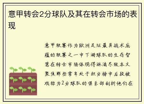 意甲转会2分球队及其在转会市场的表现